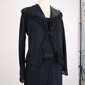 Gilar Evening Vtg 80's Jet Black Fringe 3 Piece Suit Top Jacket Pants Formal 6P